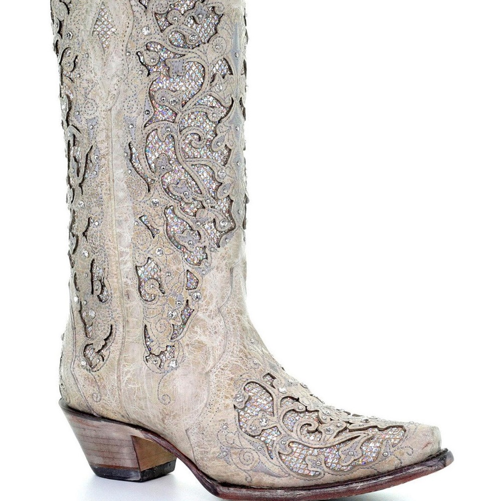 CORRAL WOMEN'S GLITTER INLAY AND CRYSTALS WEDDING BOOTS - SNIP TOE